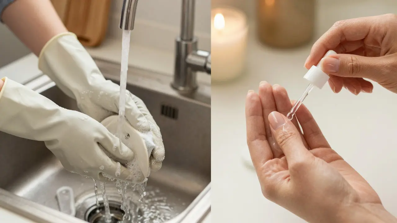 Žena v gumových rukavicích myje nádobí a aplikuje olej na nehty