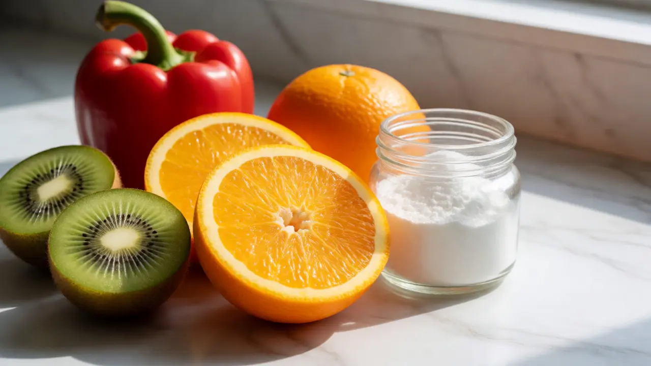 Čerstvé ovoce bohaté na vitamín C vedle prášku kolagenu