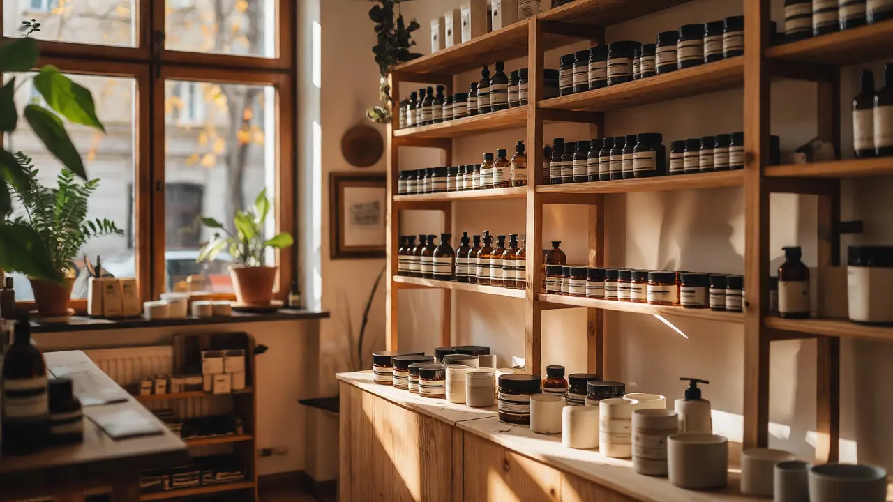 Interiér ekoboutiku s lokální cruelty-free kosmetikou