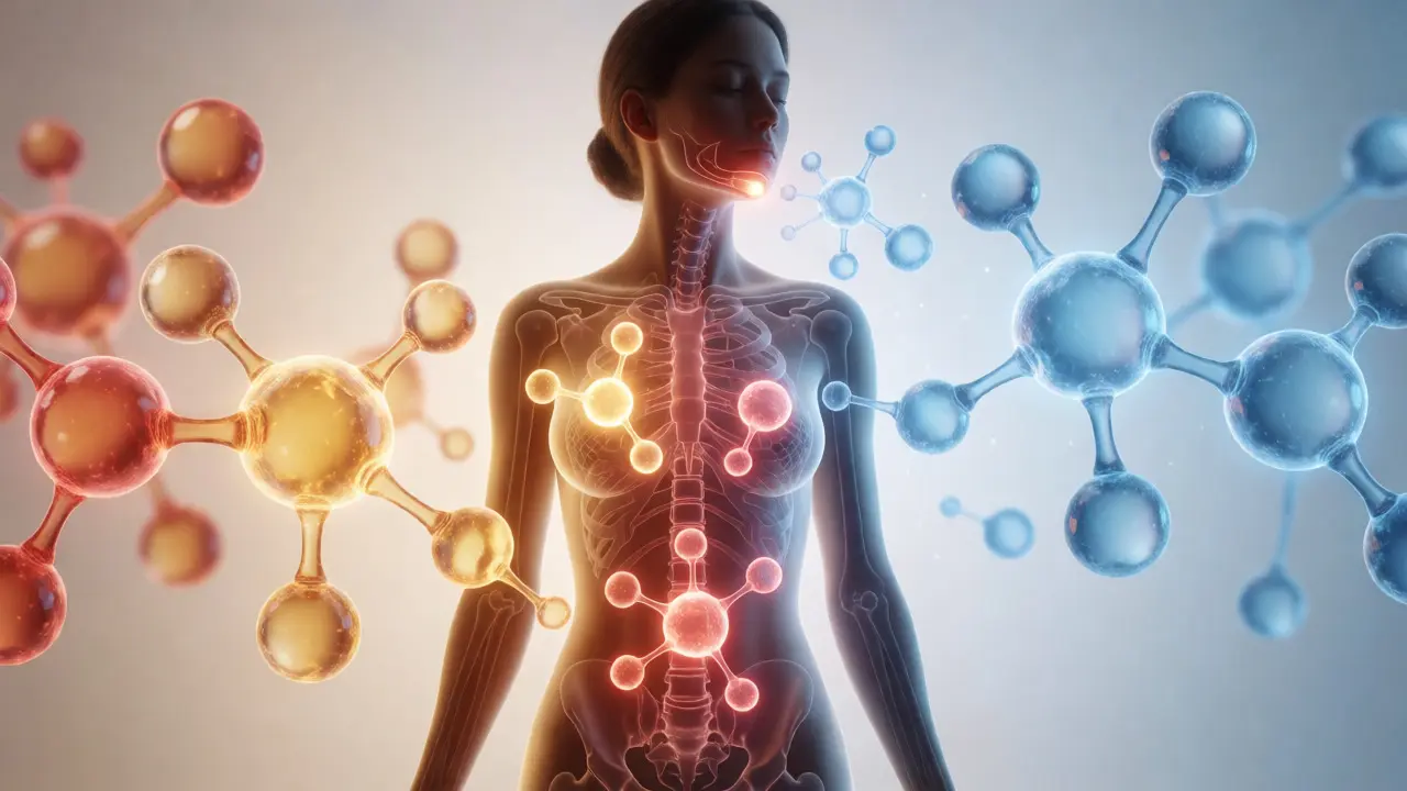Konceptuální ilustrace hormonů ovlivňujících růst chloupků na těle ženy