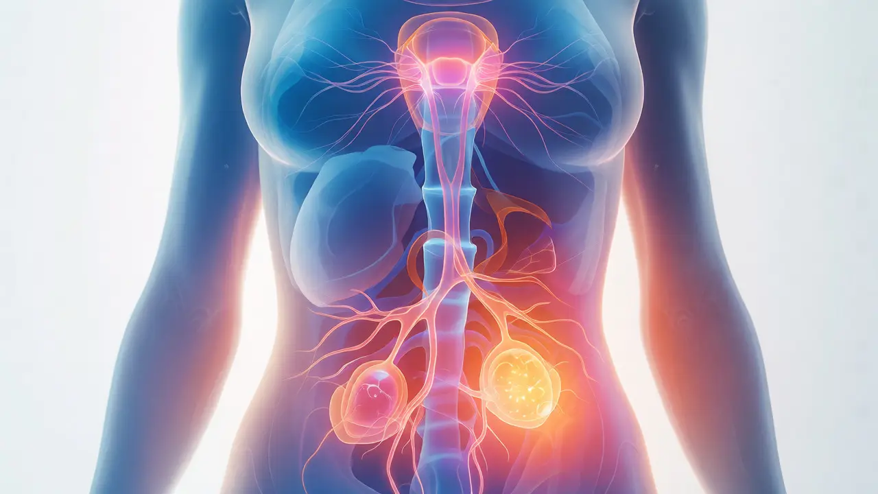 Konceptuální ilustrace obnovení hormonální rovnováhy v těle ženy s pulzujícími vaječníky.
