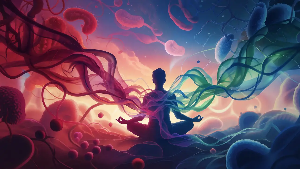 Konceptuální ilustrace rovnováhy mezi myslí a zdravým střevním mikrobiomem