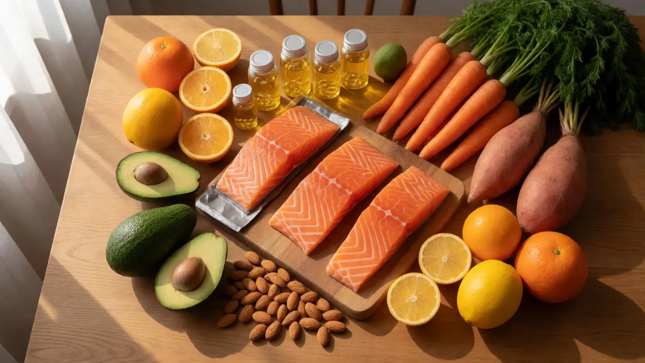 Nahrnuté potraviny bohaté na vitamíny pro hydrataci kůže