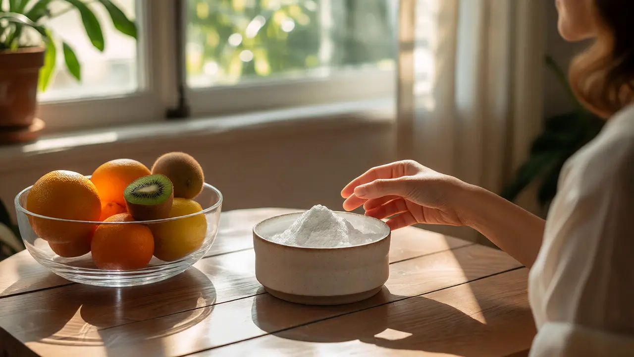 Rybí kolagen a citrusové plody na snídani u okna