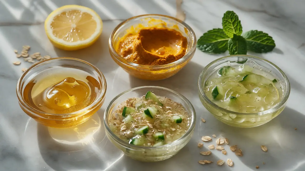 Tři misky s domácími maskami z aloe vera, medu a kurkumy