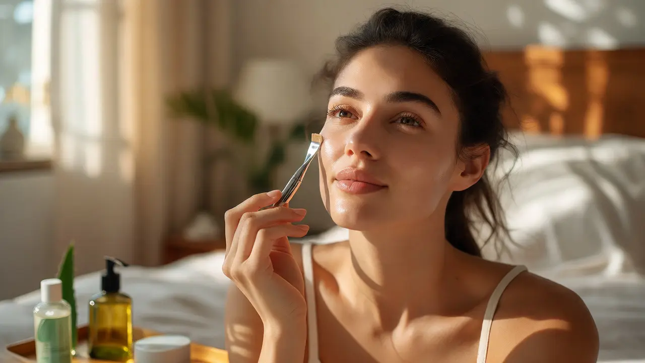 Žena provádí dermaplaning obličeje s jemným holicím nástrojem