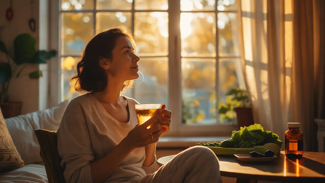 Žena sedí u okna s šálkem čaje, vypadá klidně a plná naděje na budoucí těhotenství.
