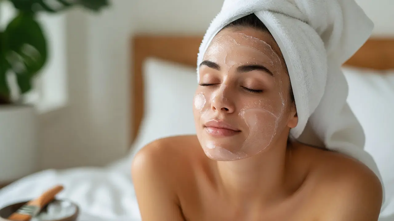 Žena v klidu s nanšenou maskou z aloe vera na obličeji