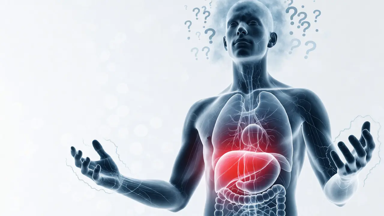Anatomická ilustrace těla s vyznačeným poškozením jater a třesem rukou