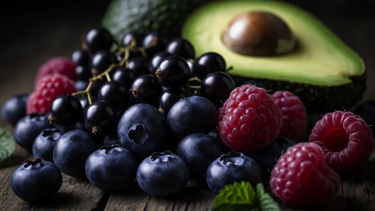 Borůvky, maliny a avokádo na dřevěném podkladu jako zdroj antioxidantů