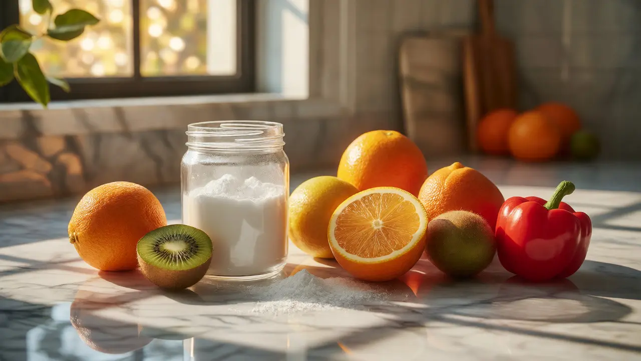 Kolagenový prášek s čerstvým ovocem bohatým na vitamín C