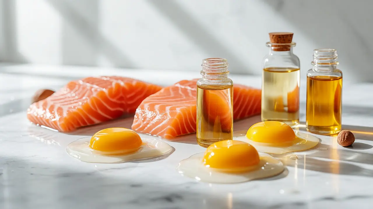 Losos, vejce a olejové kapky na světlém pozadí jako zdroje vitamínu