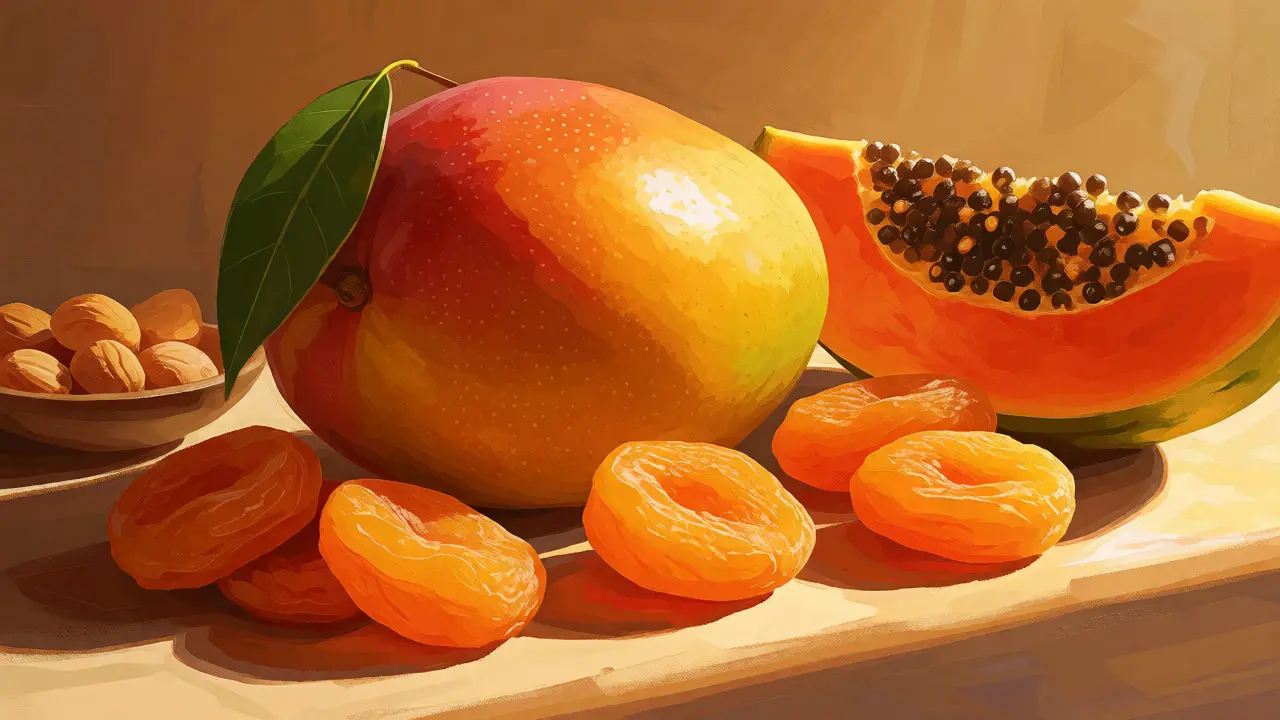 Mango, sušené meruňky a ořechy ilustrující zdroje vitamínu A