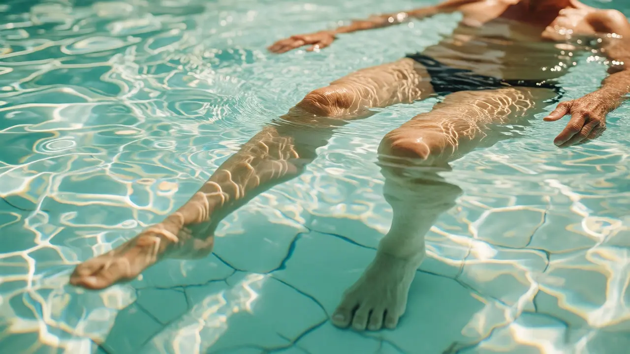 Senior cvičící aqua-aerobik v bazénu pro odlehčení zatížení kloubů.
