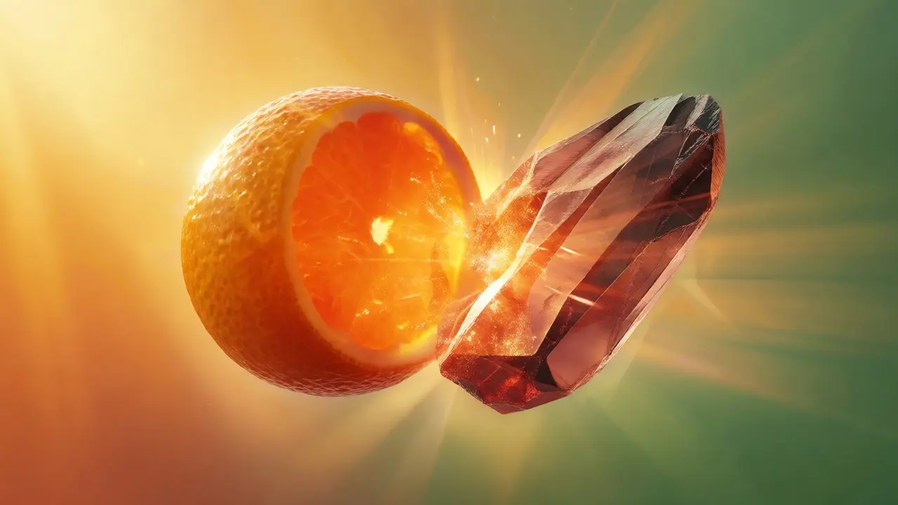 Synergická kombinace vitamínu C a železa znázorněná jako zářící oranžová koule obalující kovový krystal.