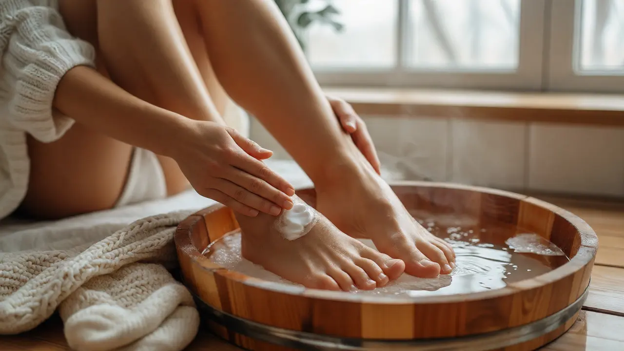 Žena nanáší hydratační krém na nohy po koupeli doma