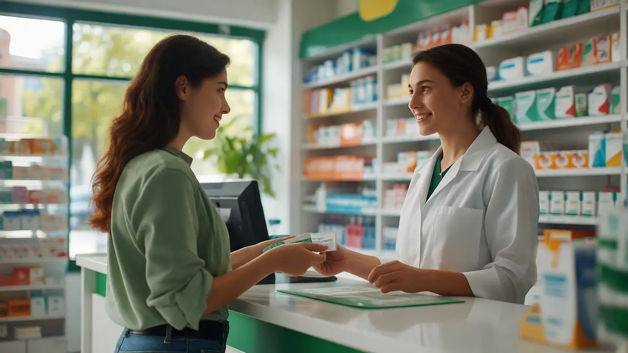 Žena přebírá lékárnický balíček od farmaceutky v prosvětlené lékárně.